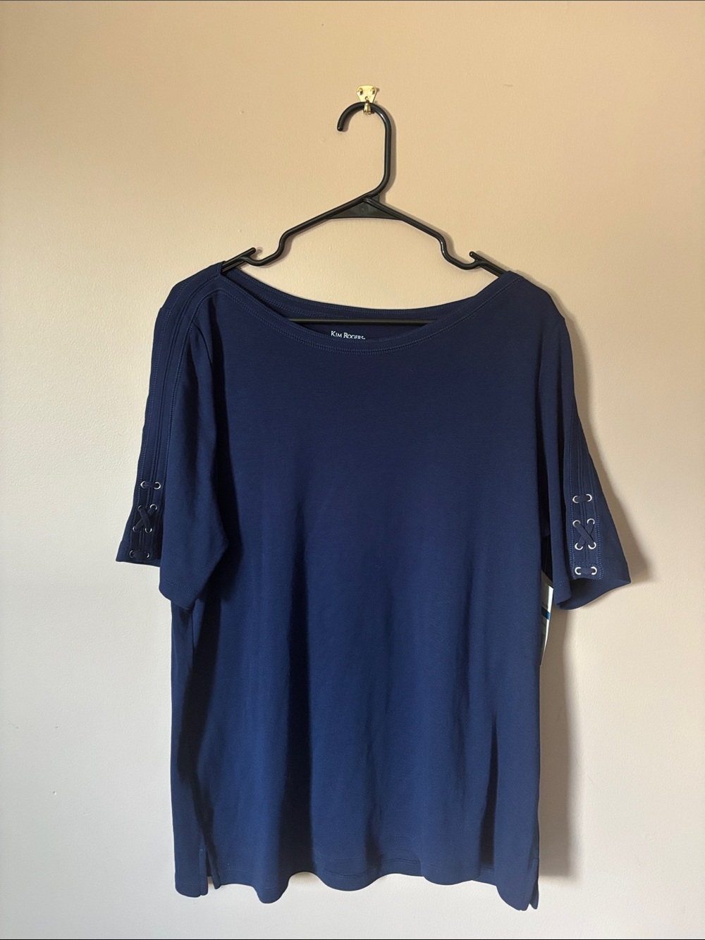 Kim Rogers Navy Short Sleeve Top with Eyelet Lace Sleeves